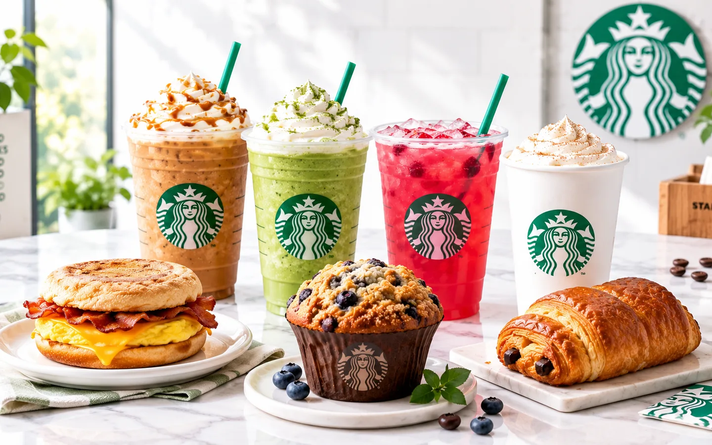 Starbucks menu with Frappuccinos, a Refresher, a latte, a breakfast sandwich, a muffin and a chocolate croissant